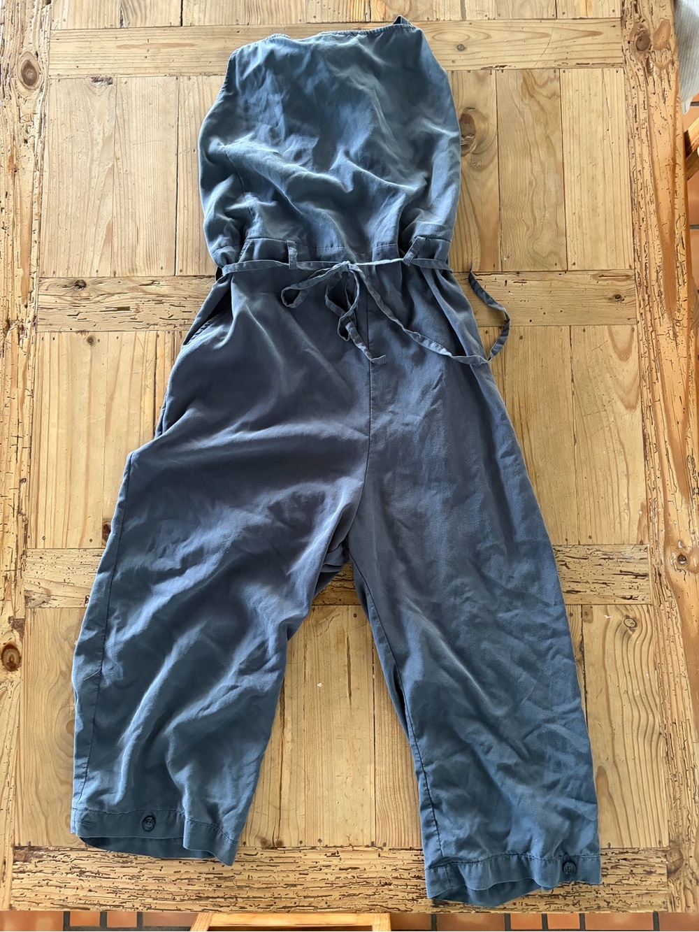 Sleeveless Slate Jumpsuit Harem Style Pants with Waist Tie and Pockets